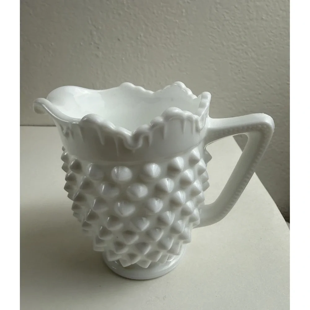 Vintage Fenton English Hobnail Milk Glass Creamer & Sugar Set White Ruffled Edge